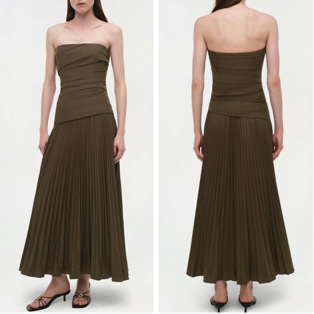 SIMKHAI Arie Strapless Bustier Midi Dress Fern Military Green Cocktail 2/4